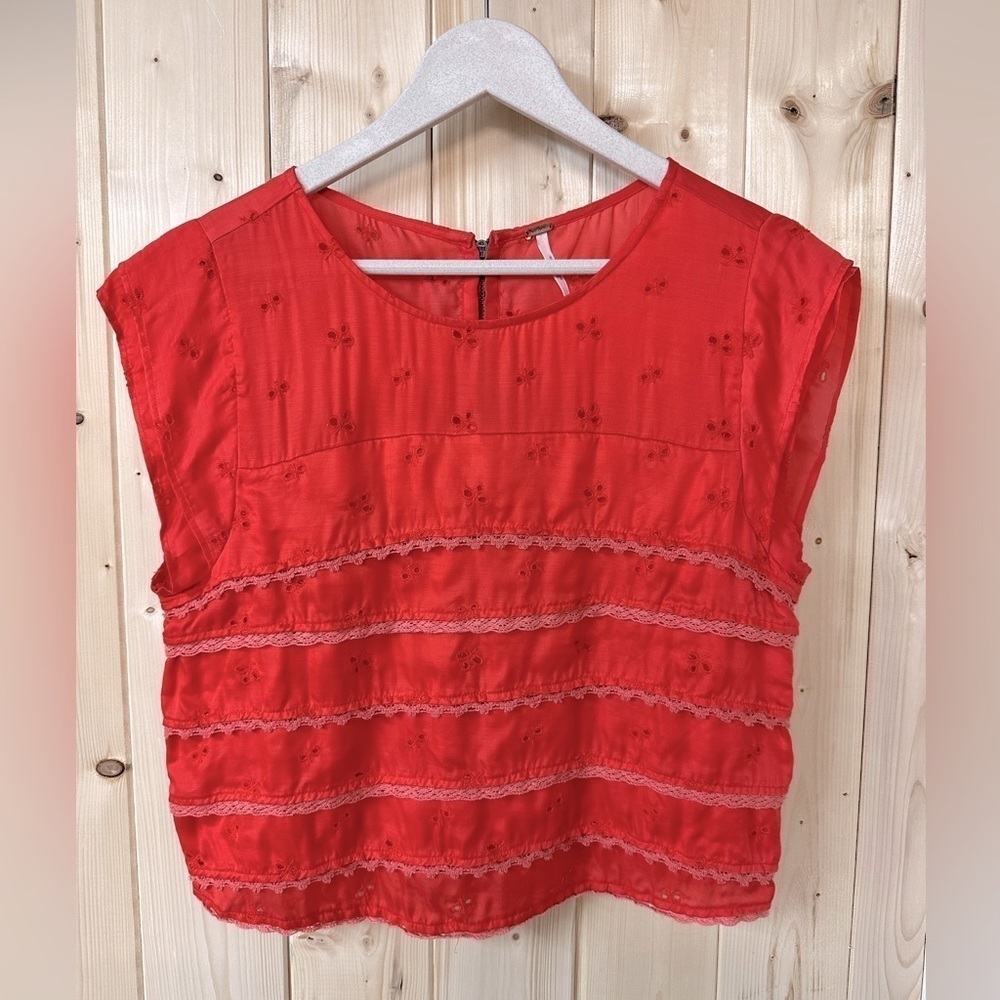 Free People Red Eyelet Lace Satin Boxy Top Size Small
